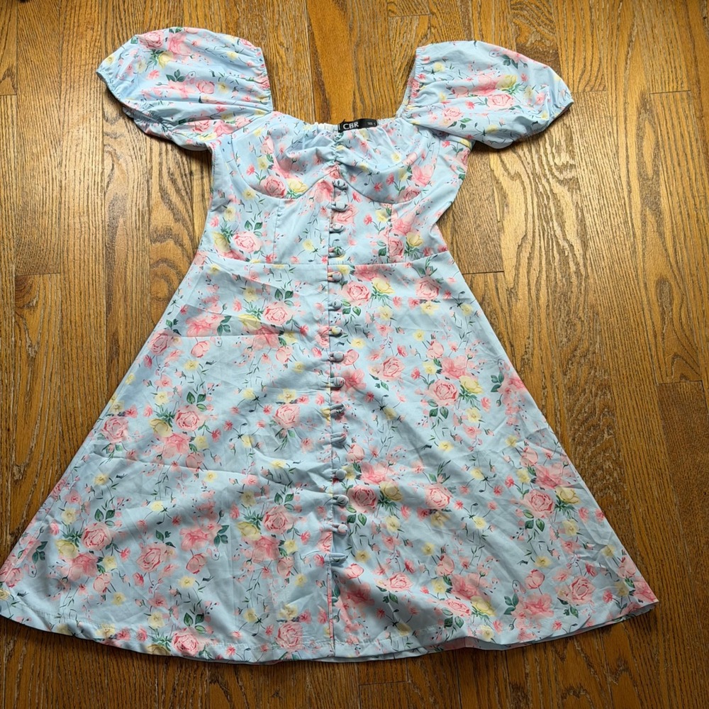 Cottagecore CBR Floral Puff Sleeve Mini Dress Sweetheart Neckline Small Prairie